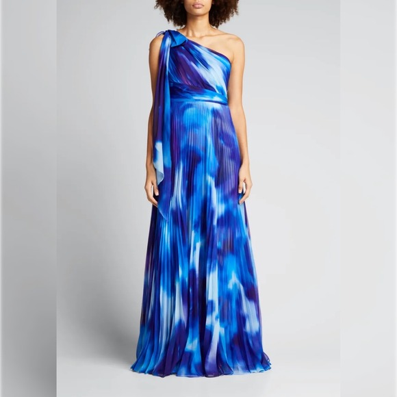 Marchesa Notte Blue Watercolor One Shoulder Pleated Chiffon Gown Size 0 - Picture 1 of 9